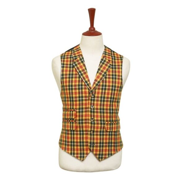 Mens Vest 44R Plaid Wool Yellow Orange Green Waistcoat Western Formal Wedding - Picture 1 of 9
